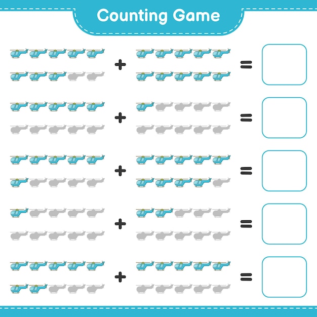 Tel en match, tel het aantal helikopters en match met de juiste nummers. Educatief kinderspel, afdrukbaar werkblad, vectorillustratie