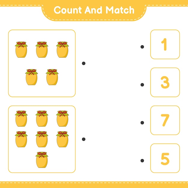 Tel en match, tel het aantal Jam en match met de juiste nummers. Educatief kinderspel, afdrukbaar werkblad, vectorillustratie