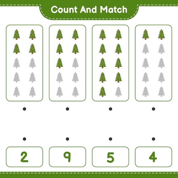 Tel en match, tel het aantal kerstboom en match met de juiste nummers. Educatief kinderspel, afdrukbaar werkblad, vectorillustratie