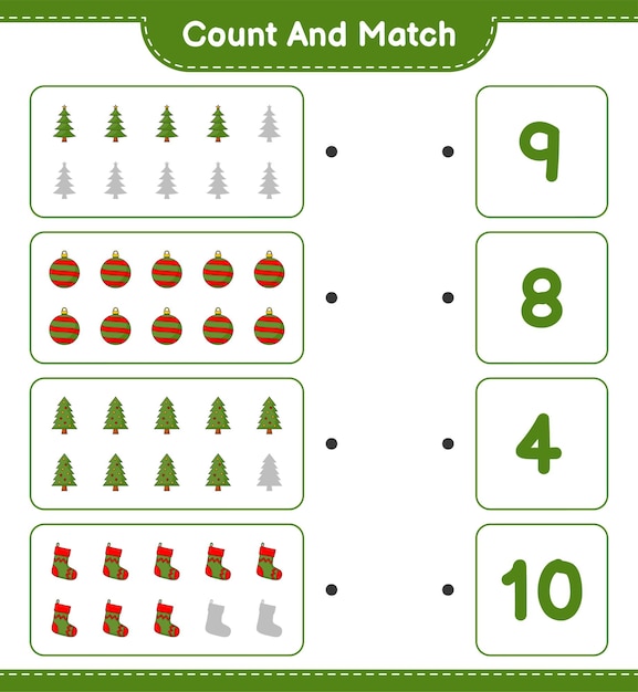 Tel en match tel het aantal kerstboom kerstbal kerstsok en match met de juiste nummers Educatief kinderen spel afdrukbaar werkblad vectorillustratie