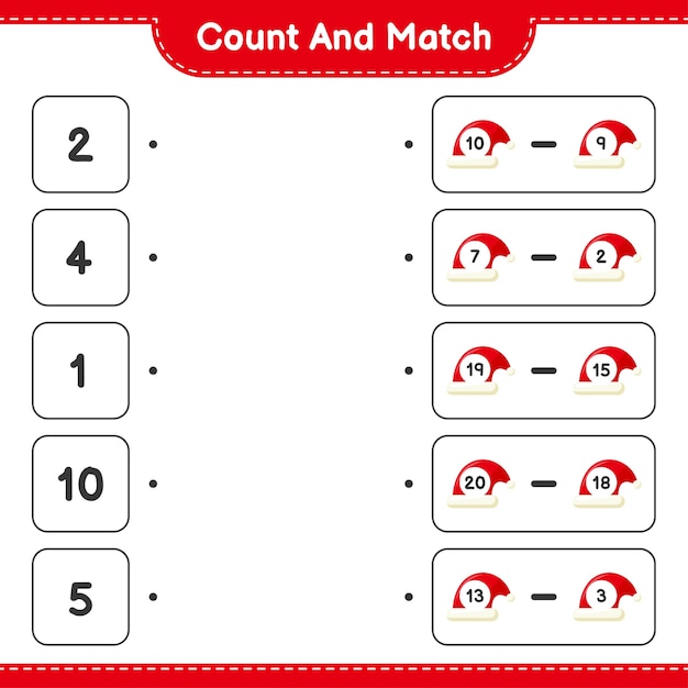 Tel en match, tel het aantal kerstmutsen en match met de juiste nummers. educatief kinderspel