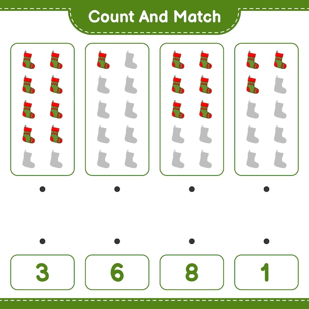 Tel en match tel het aantal kerstsokken en match met de juiste nummers Educatief kinderen spel afdrukbaar werkblad vectorillustratie