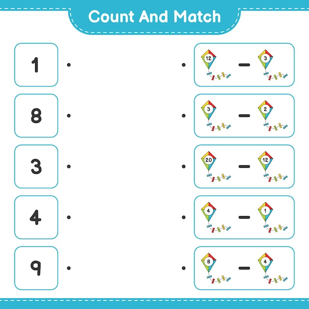Tel en match, tel het aantal Kite en match met de juiste nummers. Educatief spel voor kinderen, afdrukbaar werkblad, vectorillustratie