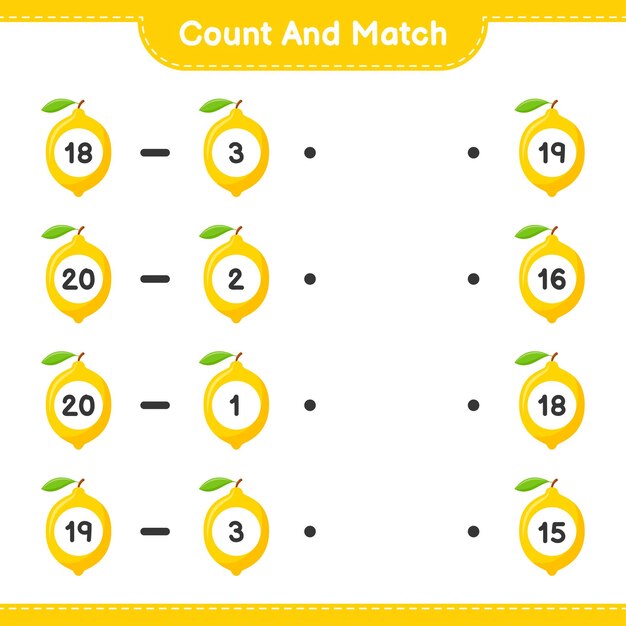 Tel en match, tel het aantal Lemon en match met de juiste nummers. Educatief kinderspel, afdrukbaar werkblad