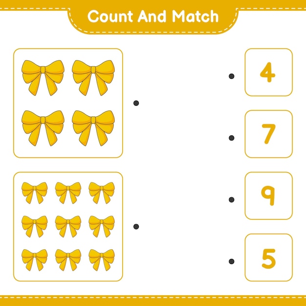 Tel en match, tel het aantal linten en match met de juiste nummers Educatief spel voor kinderen afdrukbaar werkblad vectorillustratie