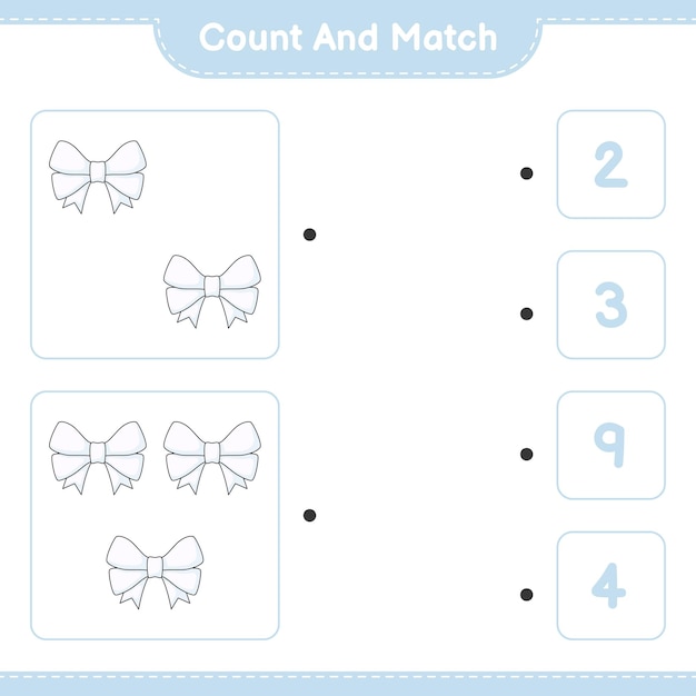 Tel en match, tel het aantal linten en match met de juiste nummers Educatief spel voor kinderen afdrukbaar werkblad vectorillustratie