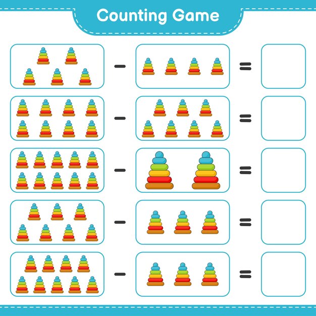 Tel en match, tel het aantal Pyramid Toy en match met de juiste nummers. Educatief kinderspel, afdrukbaar werkblad, vectorillustratie