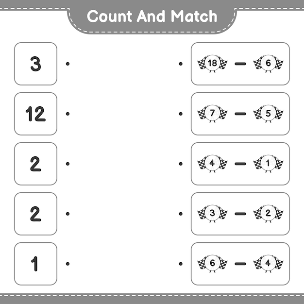 Tel en match, tel het aantal racevlaggen en match met de juiste nummers Educatief kinderen spel afdrukbaar werkblad vectorillustratie