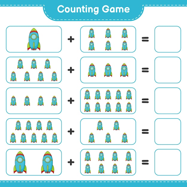 Tel en match, tel het aantal Rocket en match met de juiste nummers. Educatief kinderspel, afdrukbaar werkblad, vectorillustratie