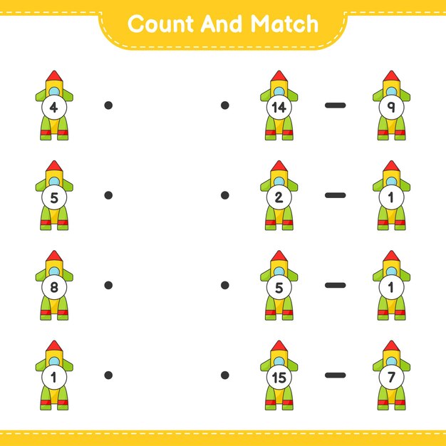 Tel en match, tel het aantal rocket en match met de juiste nummers. educatief spel voor kinderen, afdrukbaar werkblad