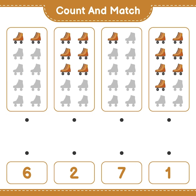 Tel en match, tel het aantal rolschaatsen en match met de juiste nummers Educatief kinderen spel afdrukbaar werkblad vectorillustratie