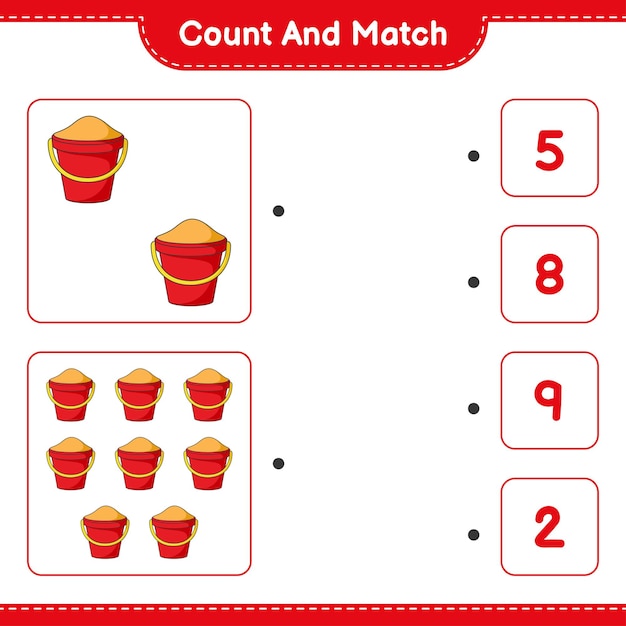 Tel en match, tel het aantal Sand Bucket en match met de juiste nummers. Educatief kinderspel, afdrukbaar werkblad, vectorillustratie