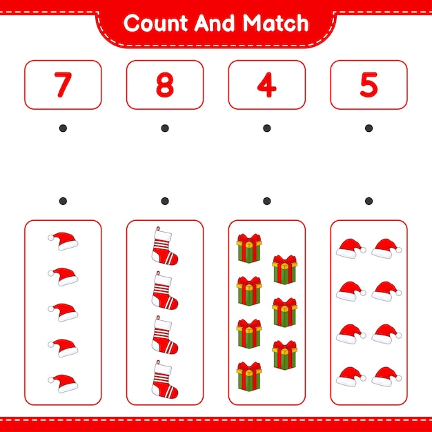 Tel en match tel het aantal Santa Hat Gift Box Christmas Sock en match met de juiste nummers Educatief kinderen spel afdrukbaar werkblad vectorillustratie