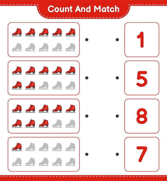 Tel en match tel het aantal schaatsen en match met de juiste nummers educatief kinderen spel afdrukbaar werkblad vectorillustratie