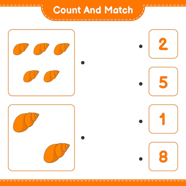 Tel en match, tel het aantal Sea Shells en match met de juiste nummers. Educatief kinderspel, afdrukbaar werkblad, vectorillustratie