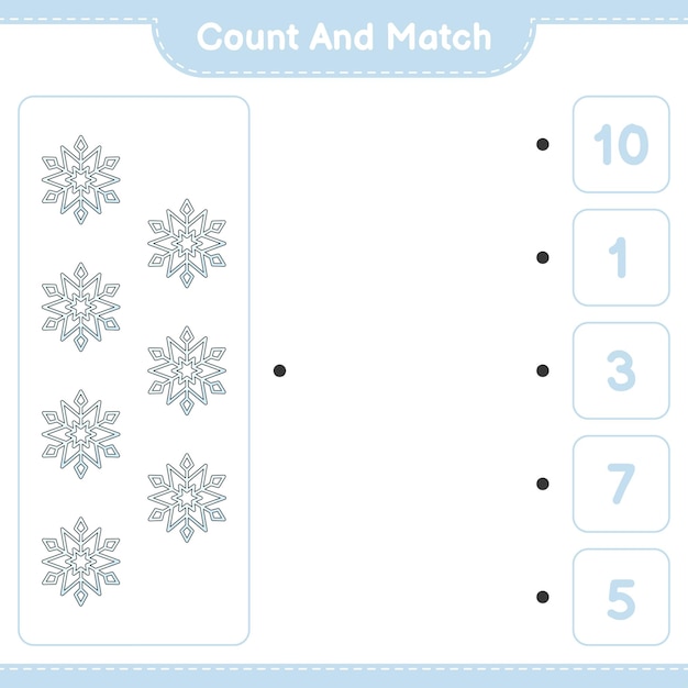 Tel en match tel het aantal Snowflake en match met de juiste nummers Educatieve kinderen spel afdrukbare werkblad vectorillustratie