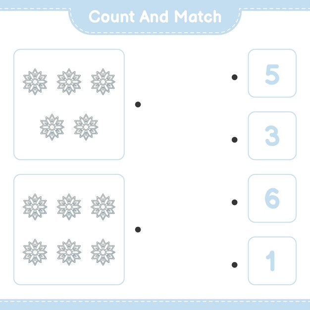 Tel en match tel het aantal Snowflake en match met de juiste nummers Educatieve kinderen spel afdrukbare werkblad vectorillustratie