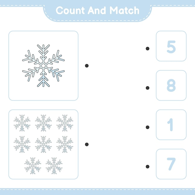 Tel en match tel het aantal Snowflake en match met de juiste nummers Educatieve kinderen spel afdrukbare werkblad vectorillustratie