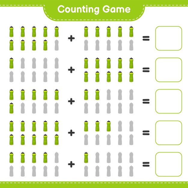 Tel en match, tel het aantal sportwaterflessen en match met de juiste nummers Educatief kinderen spel afdrukbaar werkblad vectorillustratie