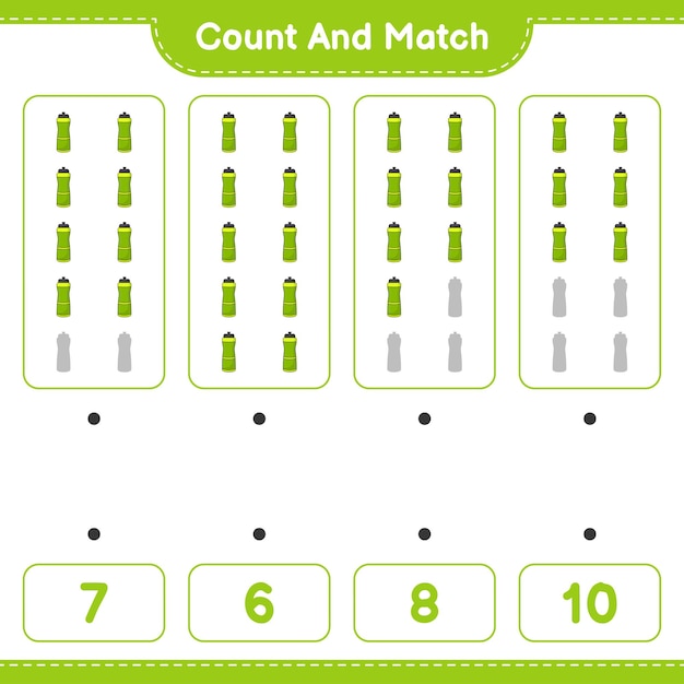 Tel en match, tel het aantal sportwaterflessen en match met de juiste nummers Educatief kinderen spel afdrukbaar werkblad vectorillustratie