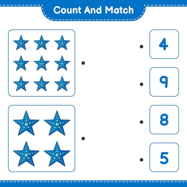 Tel en match, tel het aantal Starfish en match met de juiste nummers. Educatief kinderspel, afdrukbaar werkblad, vectorillustratie