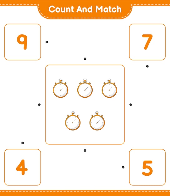 Tel en match tel het aantal stopwatch en match met de juiste nummers educatief kinderen spel afdrukbaar werkblad vectorillustratie