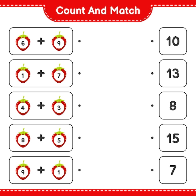 Tel en match, tel het aantal Strawberry en match met de juiste nummers. Educatief kinderspel, afdrukbaar werkblad.