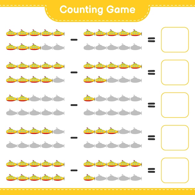 Tel en match, tel het aantal Submarine en match met de juiste nummers. Educatief kinderspel, afdrukbaar werkblad, vectorillustratie