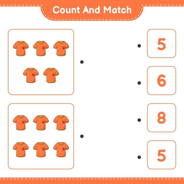 Tel en match, tel het aantal T-shirts en match met de juiste nummers. Educatief kinderspel, afdrukbaar werkblad, vectorillustratie