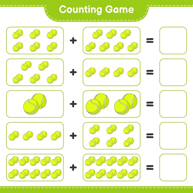 Tel en match, tel het aantal tennisballen en match met de juiste nummers educatief kinderen spel afdrukbaar werkblad vectorillustratie