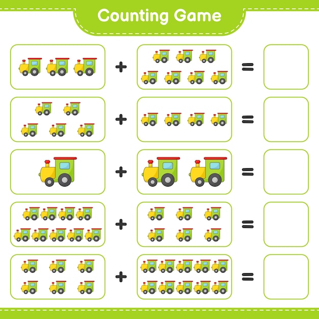 Tel en match, tel het aantal Train en match met de juiste nummers. Educatief kinderspel, afdrukbaar werkblad, vectorillustratie