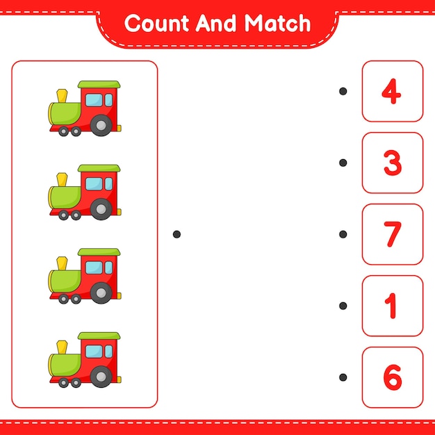 Tel en match, tel het aantal train en match met de juiste nummers. educatief kinderspel, afdrukbaar werkblad, vectorillustratie