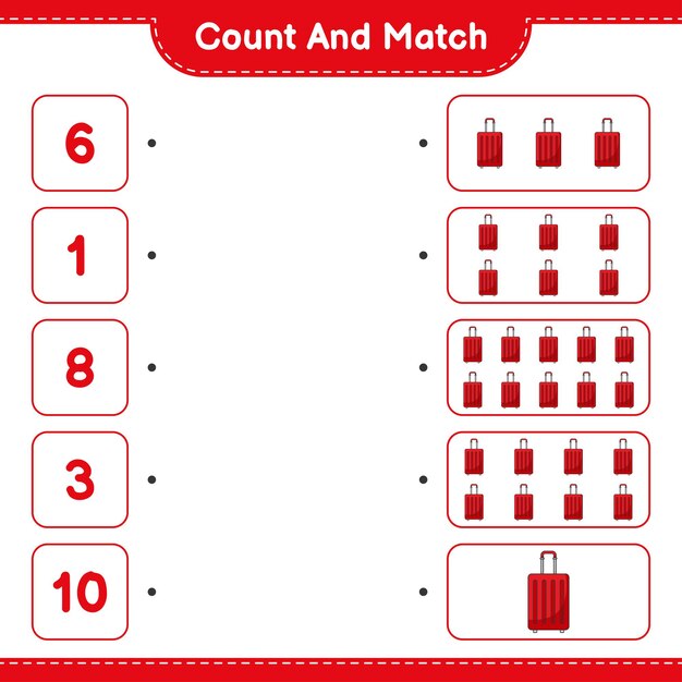 Tel en match, tel het aantal Travel Bags en match met de juiste nummers. Educatief kinderspel, afdrukbaar werkblad, vectorillustratie