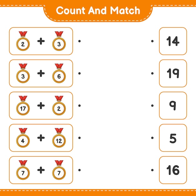 Tel en match, tel het aantal trofeeën en match met de juiste nummers Educatief spel voor kinderen afdrukbaar werkblad vectorillustratie