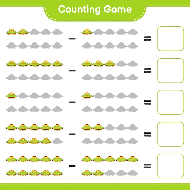 Tel en match, tel het aantal Ufo's en match met de juiste nummers. Educatief kinderspel, afdrukbaar werkblad, vectorillustratie