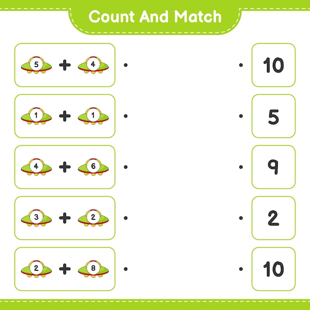 Tel en match, tel het aantal Ufo's en match met de juiste nummers. Educatief spel voor kinderen