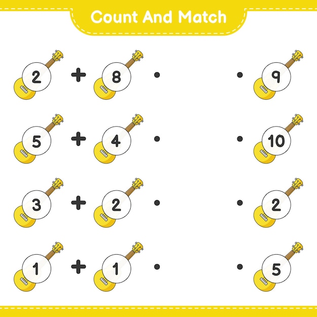 Tel en match, tel het aantal ukeleles en match met de juiste nummers. Educatief kinderspel, afdrukbaar werkblad, vectorillustratie