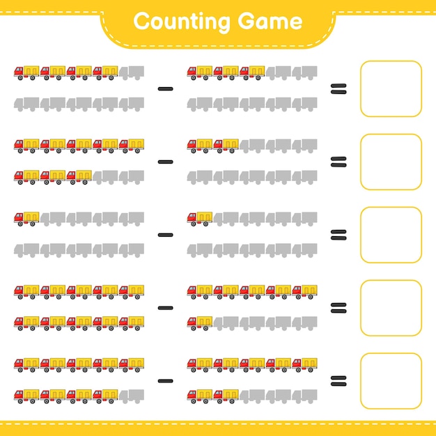 Tel en match, tel het aantal vrachtwagens en match met de juiste nummers. educatief kinderspel, afdrukbaar werkblad, vectorillustratie