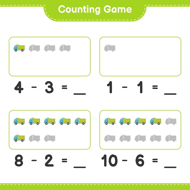 Tel en match, tel het aantal vrachtwagens en match met de juiste nummers. Educatief kinderspel, afdrukbaar werkblad, vectorillustratie
