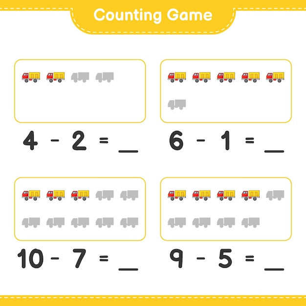 Tel en match, tel het aantal vrachtwagens en match met de juiste nummers. educatief kinderspel, afdrukbaar werkblad, vectorillustratie