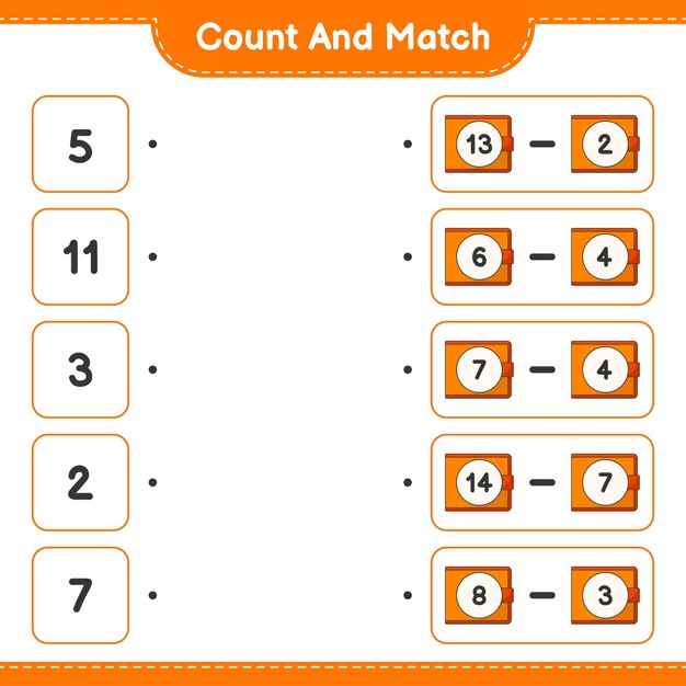 Tel en match, tel het aantal Wallet en match met de juiste nummers. Educatief kinderspel, afdrukbaar werkblad, vectorillustratie