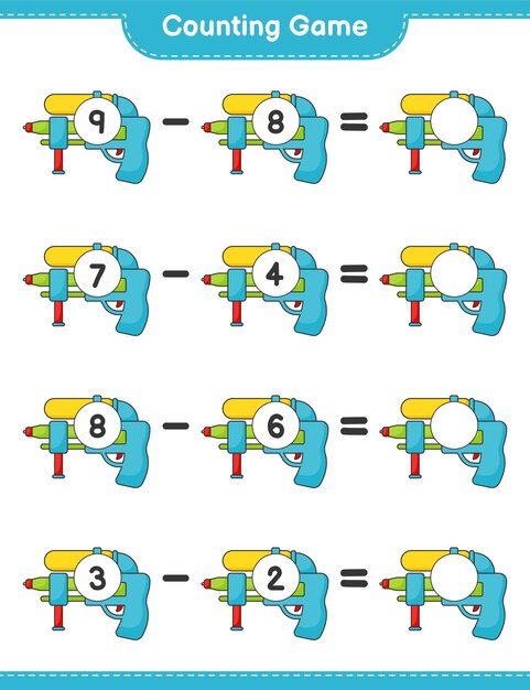 Tel en match, tel het aantal water guns en match met de juiste nummers. educatief kinderspel, afdrukbaar werkblad, vectorillustratie