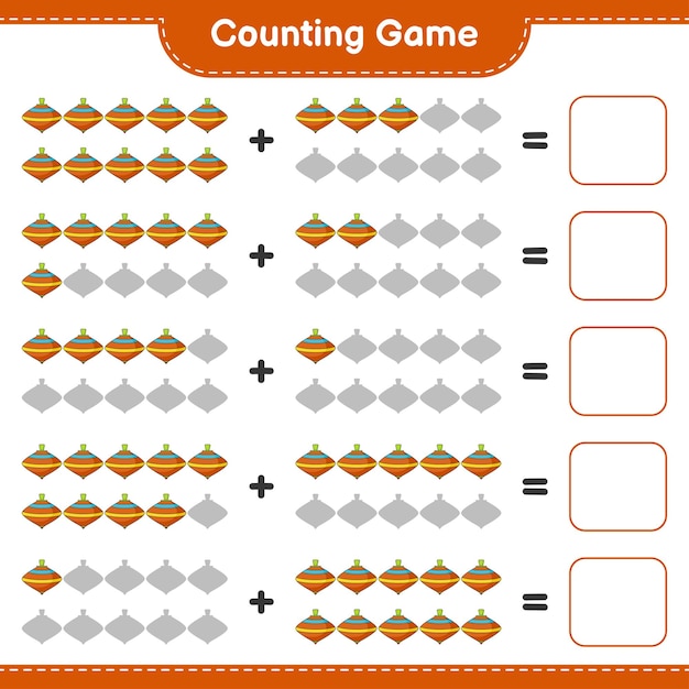Tel en match, tel het aantal Whirligig Toy en match met de juiste nummers. Educatief kinderspel, afdrukbaar werkblad, vectorillustratie