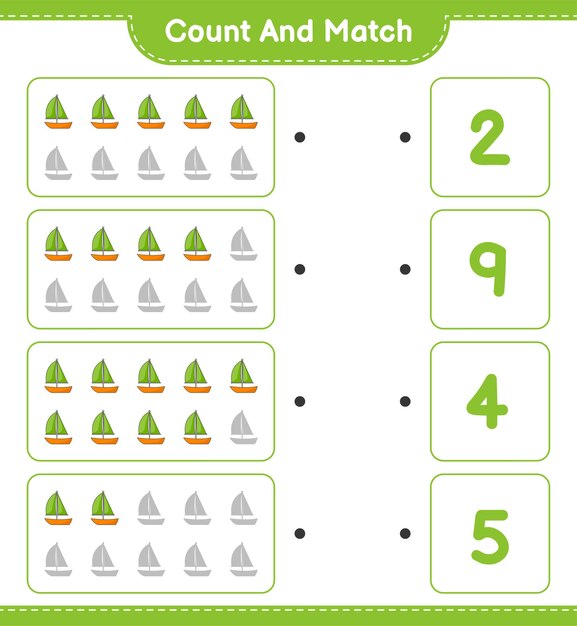 Tel en match, tel het aantal zeilboten en match met de juiste nummers. Educatief kinderspel, afdrukbaar werkblad, vectorillustratie