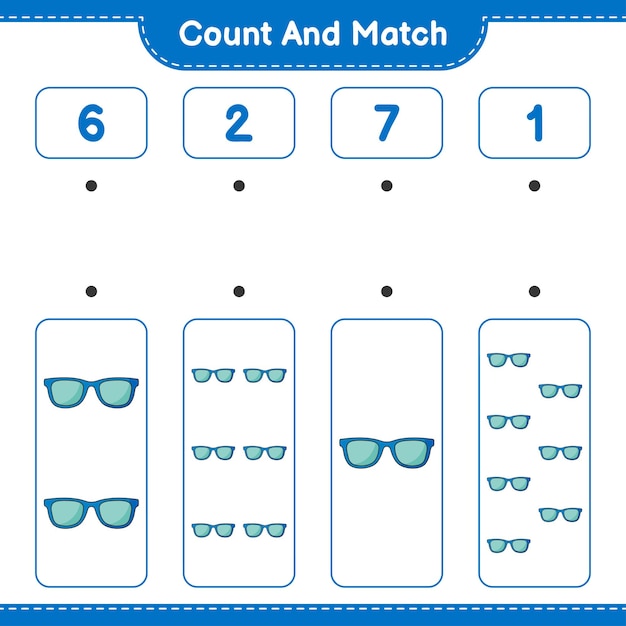 Tel en match, tel het aantal zonnebrillen en match met de juiste nummers. Educatief kinderspel, afdrukbaar werkblad, vectorillustratie