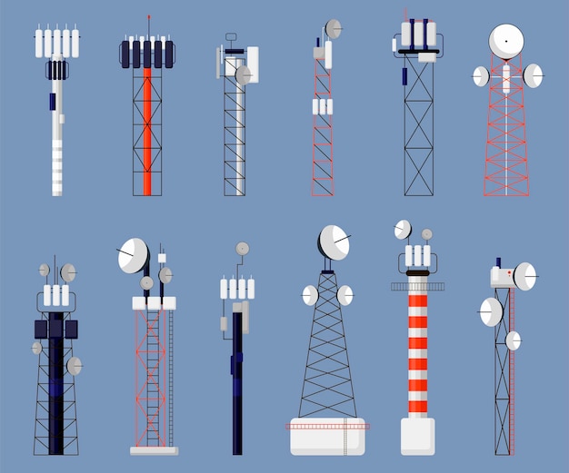 Telecom torens vector illustraties set. draadloze communicatiezenders, cellulaire antenne, gegevensoverdracht op blauwe achtergrond. telecommunicatie, netwerk, internet, televisie, radioconcept