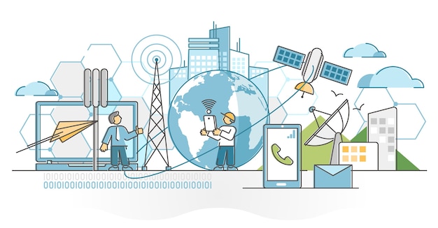 Telecommunicatie-industrie met het concept van het golfoverzicht van het satellietgegevenssignaal telefoon- en internetcommunicatieverbinding met antennes netwerk rond wereldbol illustratie. cellulaire radartorens.