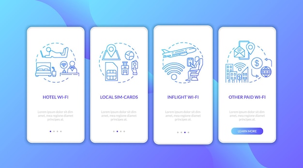 Telecommunication abroad onboarding mobile app page screen with concepts. WI-fi and local SIM-card walkthrough 4 steps graphic instructions. UI vector template with RGB color illustrations