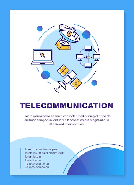 Vettore layout del modello di poster per l'industria delle telecomunicazioni. trasmissione televisiva. banner, opuscolo, stampa di volantini con icone lineari. layout di pagina di brochure vettoriali per riviste, volantini pubblicitari