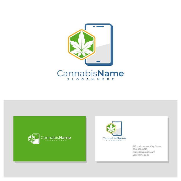 Telefoon Cannabis-logo met sjabloon voor visitekaartjes Creatieve Cannabis-logo-ontwerpconcepten